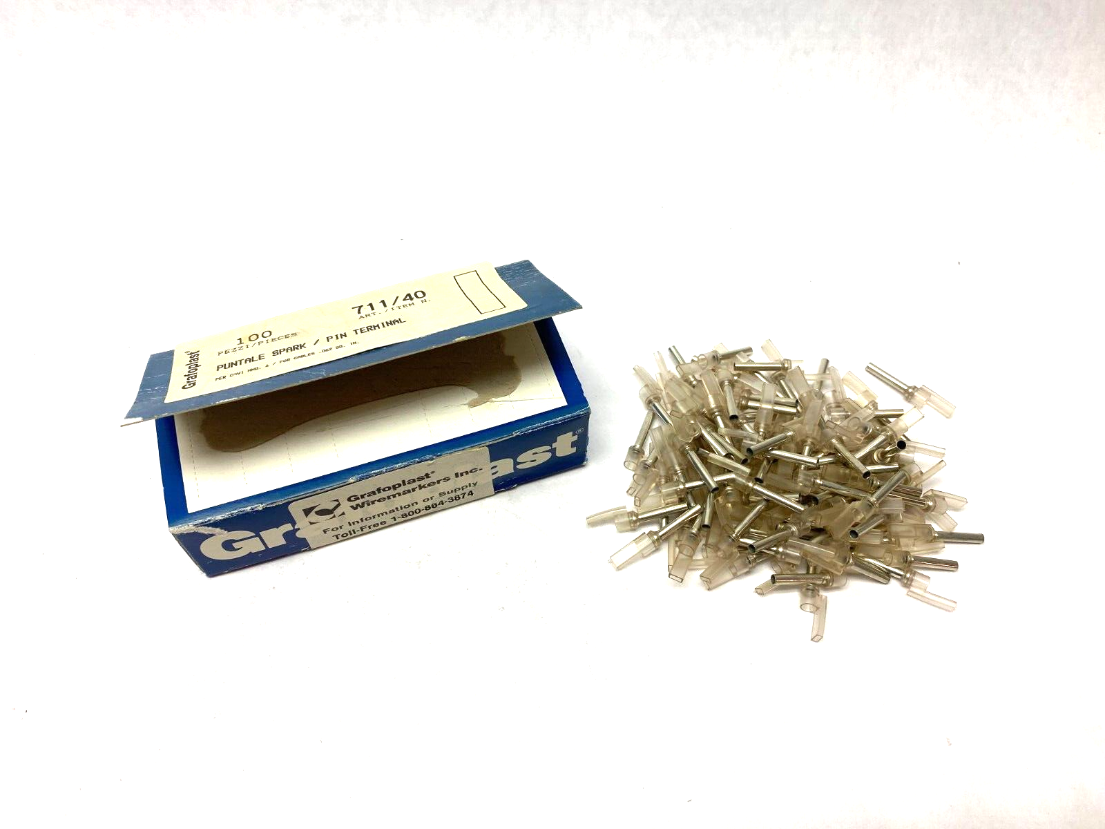 Grafoplast 711/40 17mm Spark Crimp-On Pins for Cable O.D. 4mm OPEN BOX OF 99 - Maverick Industrial Sales