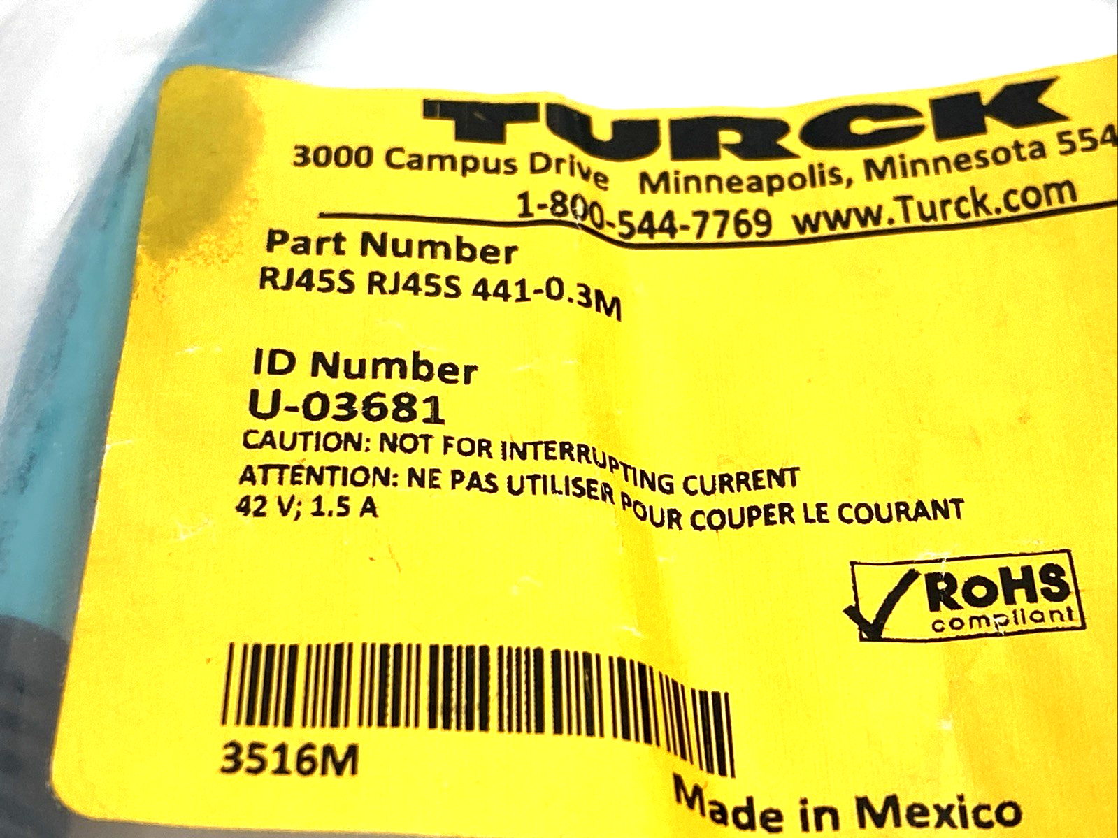 Turck RJ45S RJ45S 441-0.3M Industrial Ethernet Cable RJ45 0.3m U-03681 - Maverick Industrial Sales