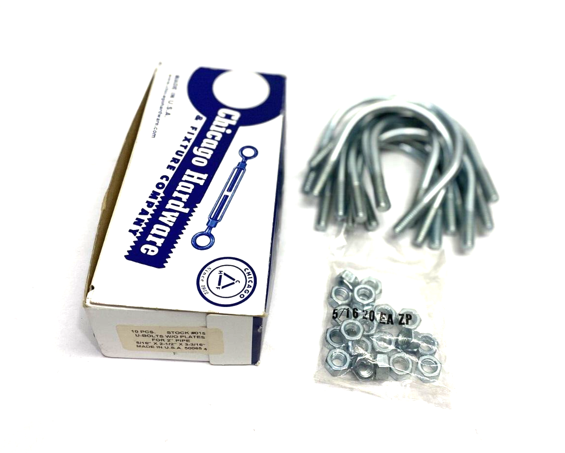 Chicago Hardware 50065 4 U-Bolts for 2" Pipe, 5/16" x 2-1/2" x 3-3/16" BOX OF 10 - Maverick Industrial Sales