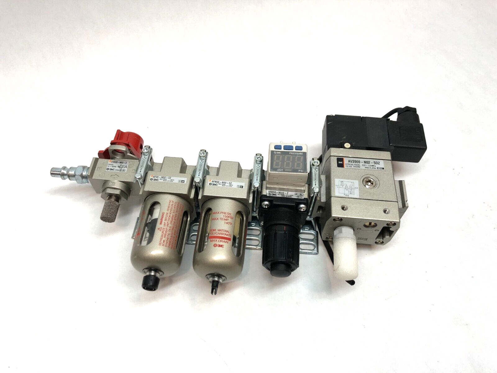 SMC Pneumatic Filter Regulator Assembly, AF20-N02-CZ, AV2000-N02, ISE35-R-65-P - Maverick Industrial Sales