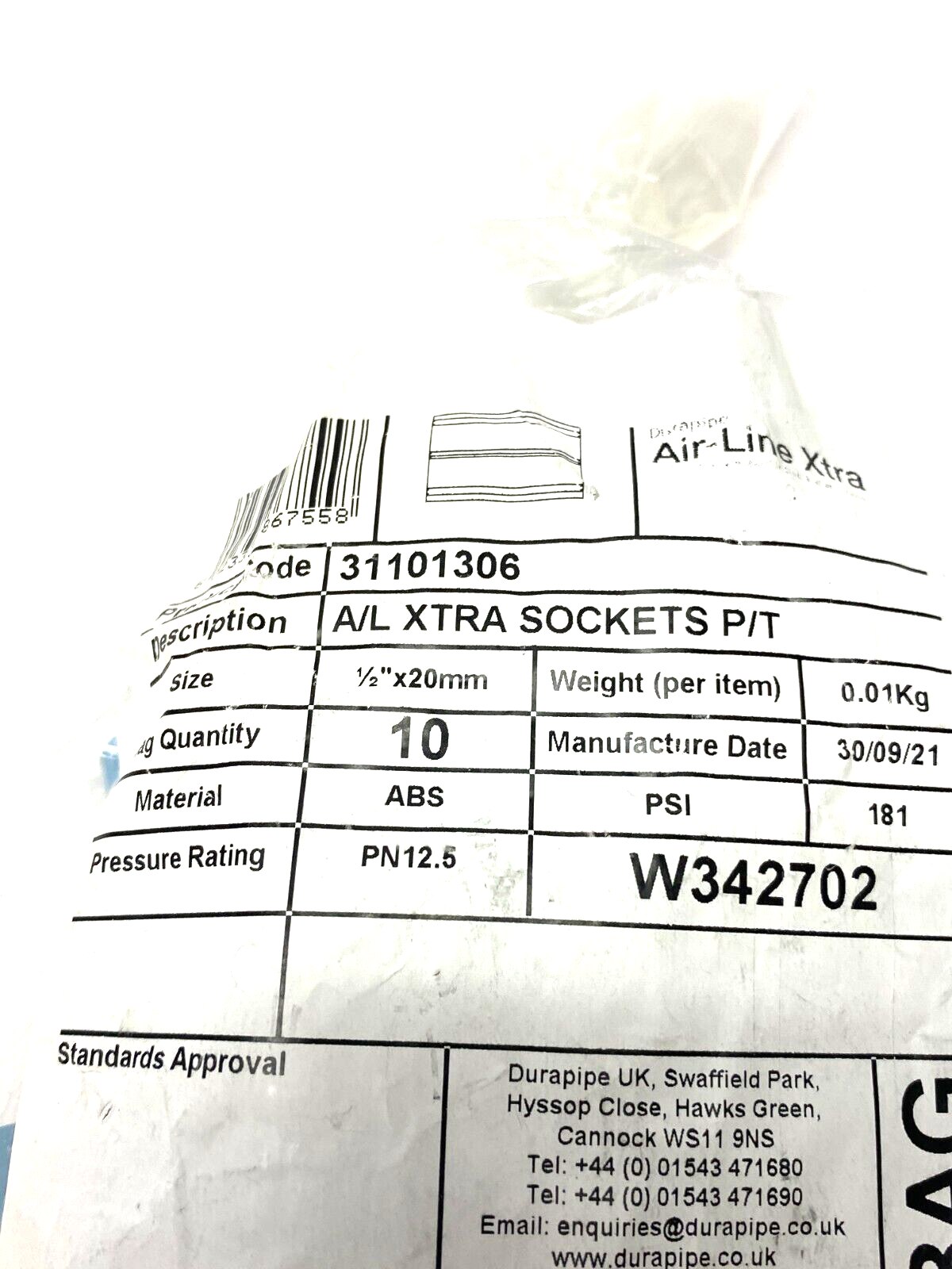 Durapipe 31101306 Air-Line Xtra Reinforced Socket Fitting 1/2" x 20mm PKG OF 10 - Maverick Industrial Sales