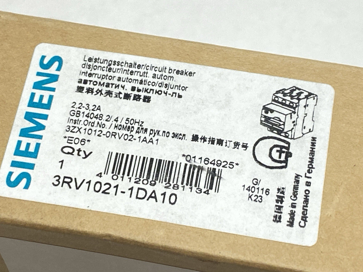 3RV1021-1DA10 | Siemens Motor Protection Circuit Breaker 3P 2.2-3.2A 600/690VAC - New – Open box - Maverick Industrial Sales