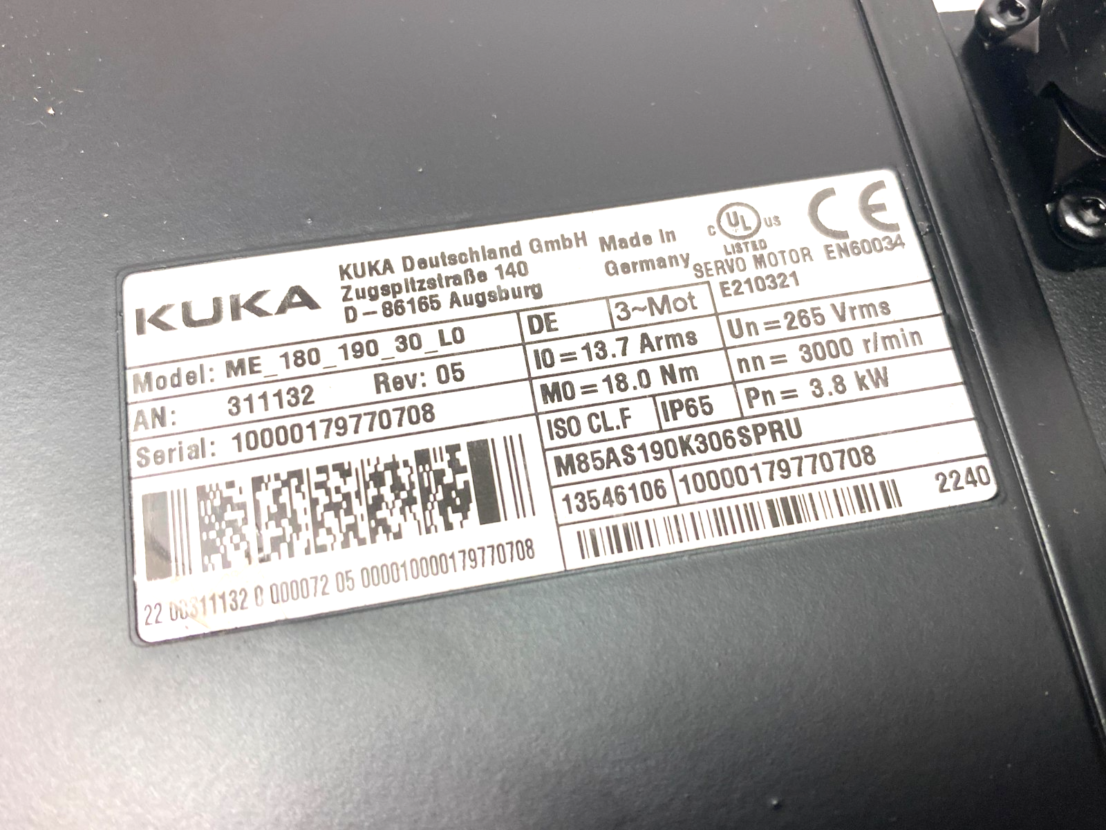 Kuka 00-334-486 Servo Motor 3,8kW L0 ME, ME_180_190_30_L0 - Maverick Industrial Sales