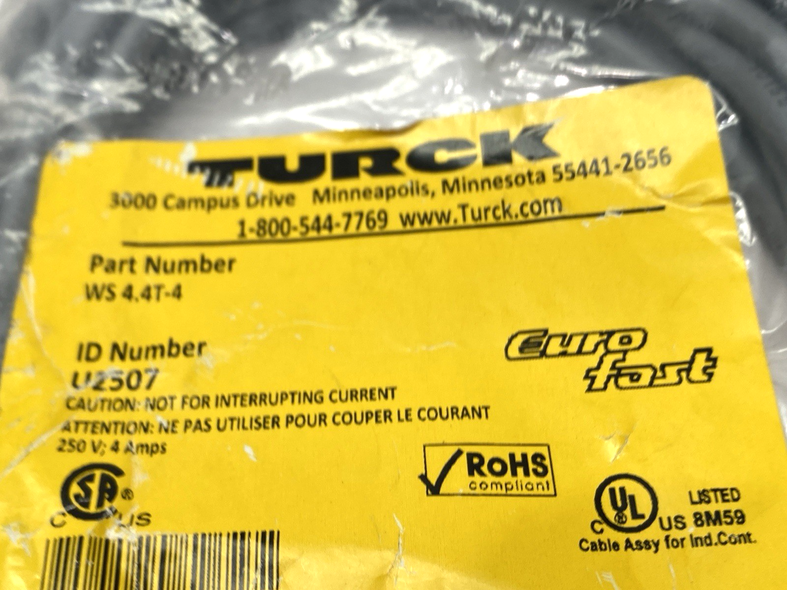 Turck WS 4.4T-4 Single-Ended M12 4-Pin Female Connector Cordset U2507 - Maverick Industrial Sales