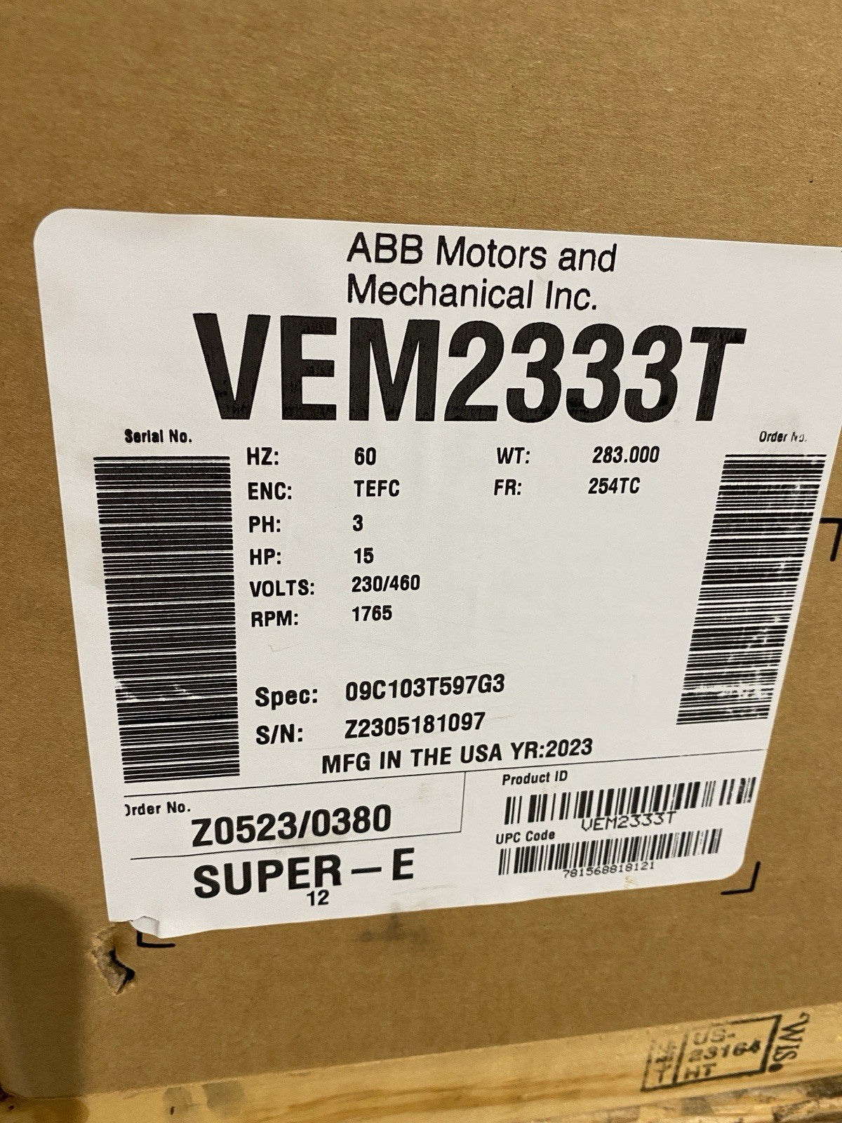 ABB Baldor Super-E VEM2333T 15HP 1765 RPM 230/460V 3PH FR: 254TC TEFC - Maverick Industrial Sales