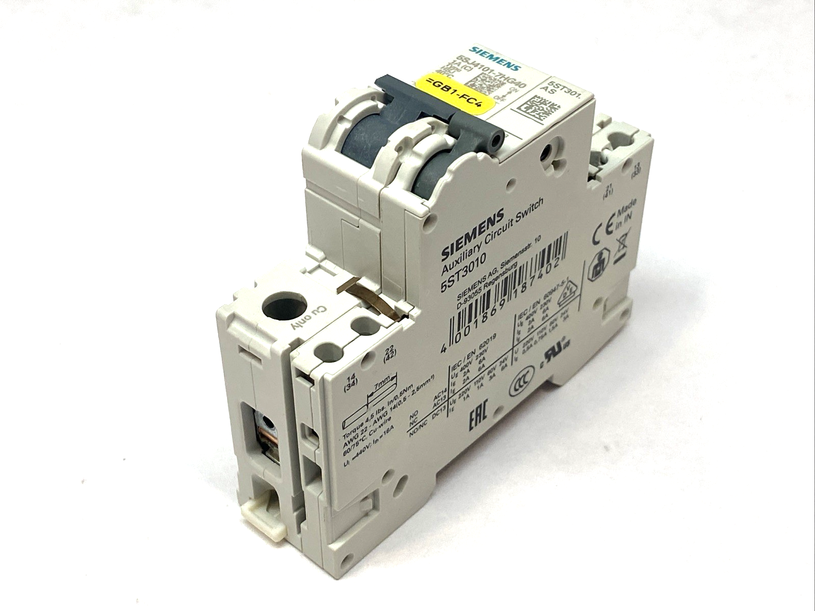 Siemens 5SJ4101-8HG40 Circuit Breaker 1-Pole 1A w/ 5ST3010 Circuit Switch - Maverick Industrial Sales