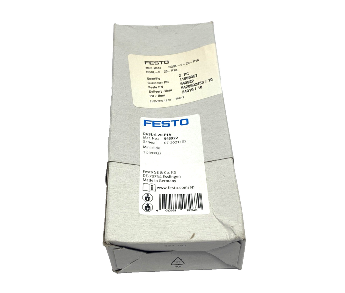 DGSL-6-20-P1A | Festo Pneumatic Mini Slide 8mm Bore 20mm Stroke 543922 - New - Maverick Industrial Sales