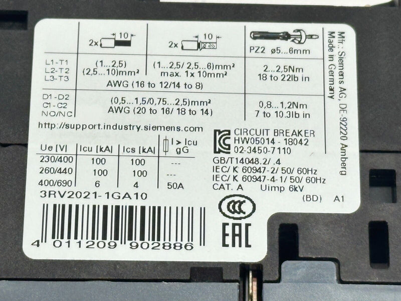 Siemens 3RV2021-1GA10 Sirius Motor Protection Circuit Breaker 4.5-6.3A 600V - Maverick Industrial Sales