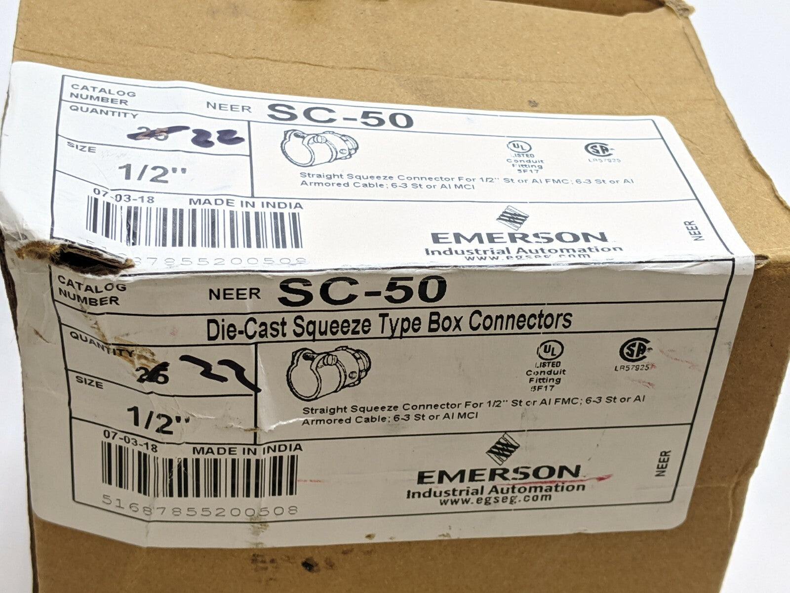SC-50 | Emerson NEER Straight Squeeze Type Connector 1/2" PKG OF 22 - New – Open box - Maverick Industrial Sales