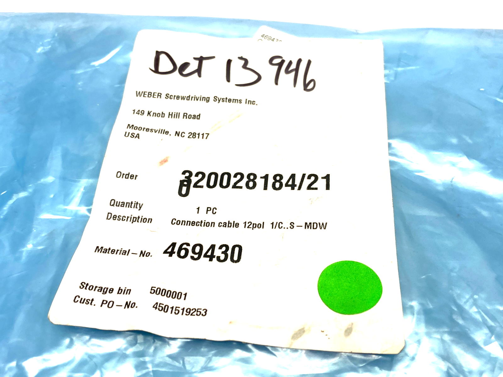 Weber 469430 Screwdriving System Connection Cable 12-pol ST140 - New – Open box - Maverick Industrial Sales