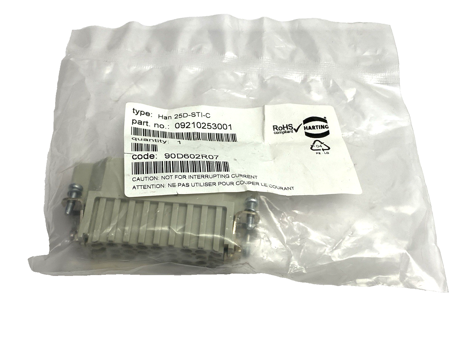 Harting 09210253001 Rectangular Connector Plug Insert Han 25D-STI-C 10A 600V - Maverick Industrial Sales