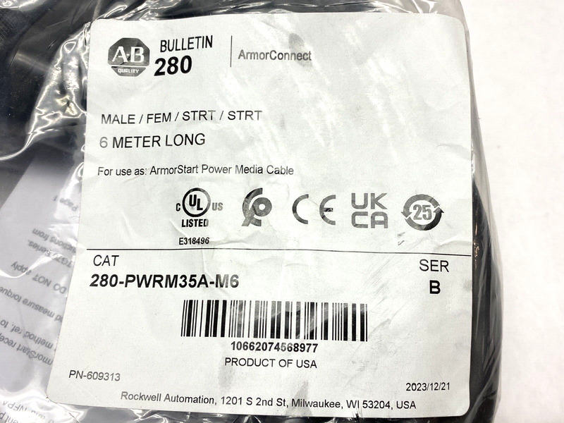 Allen Bradley 280-PWRM35A-M6 Power Media Cable M/F Straight Connectors 6m Ser. B - Maverick Industrial Sales