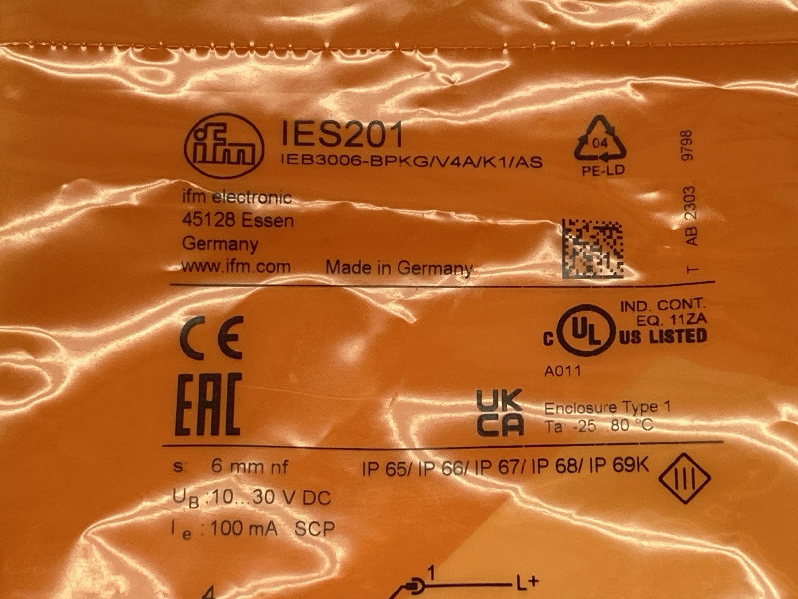 Ifm IES201 Inductive Proximity Sensor IEB3006-BPKG/V4A/K1/AS - Maverick Industrial Sales