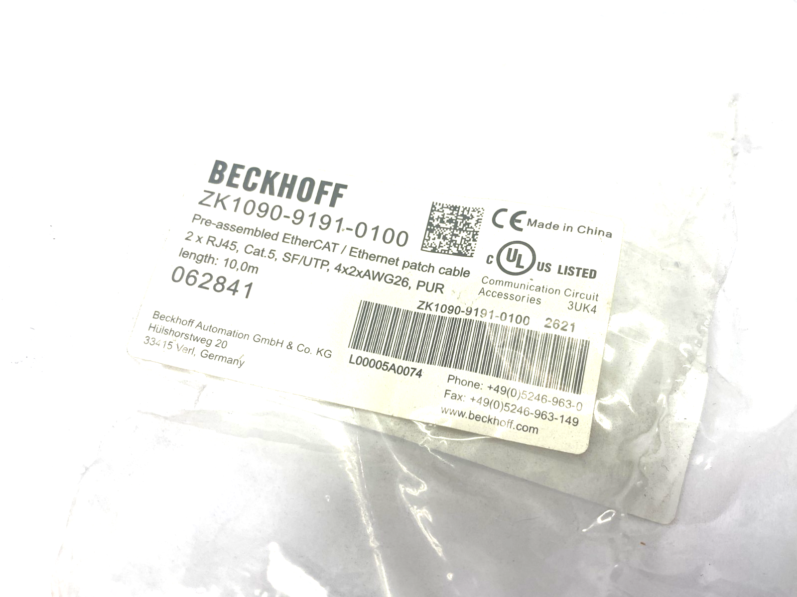 Beckhoff ZK1090-9191-0100 Ethernet/EtherCAT Patch Cable 2 x RJ45 10m 062841 - Maverick Industrial Sales