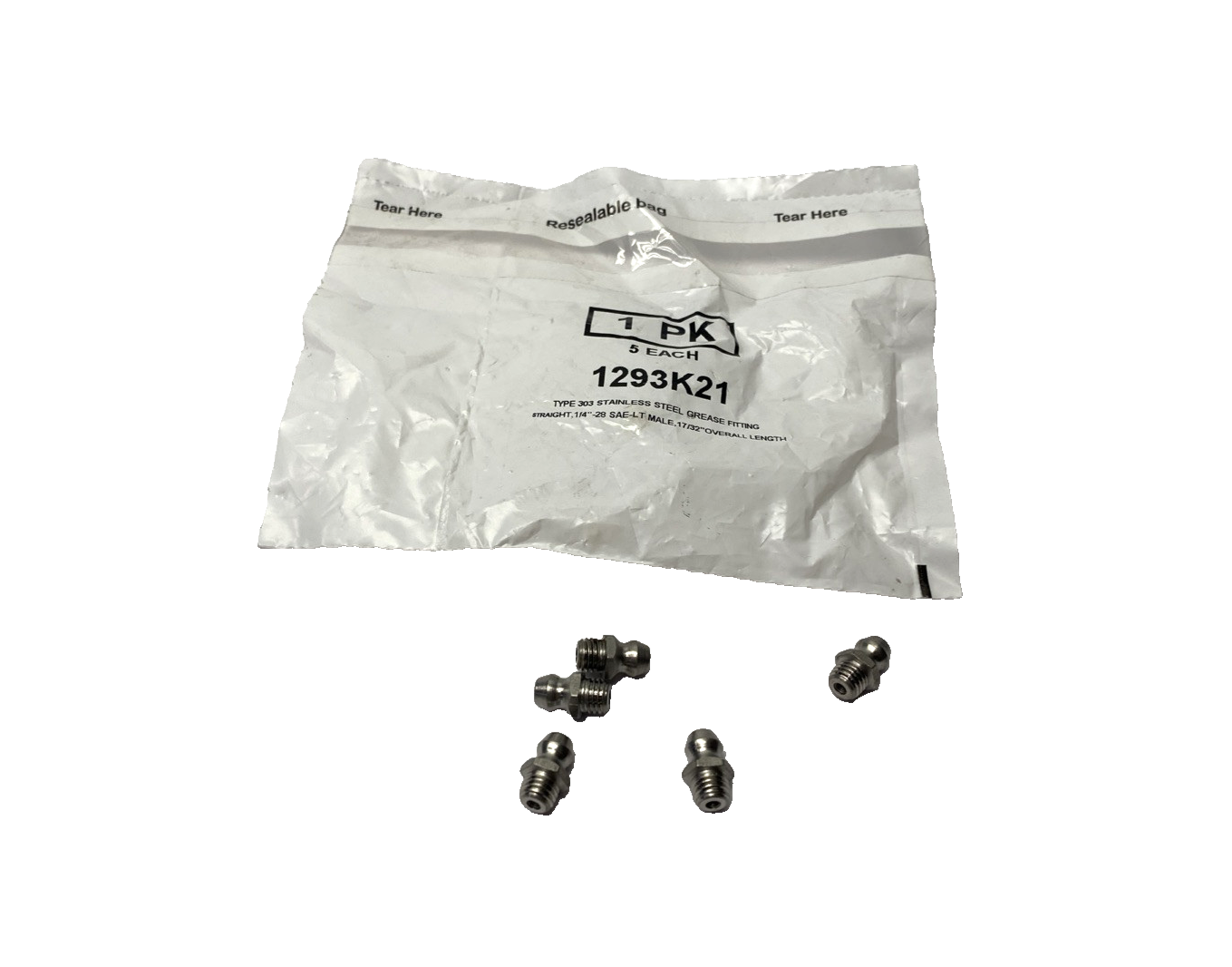 1293K21 Grease Fitting, Striaght, 303 SS, 1/4"-28 SAE-LT Male, 17/32" OAL, 5-PK - Maverick Industrial Sales