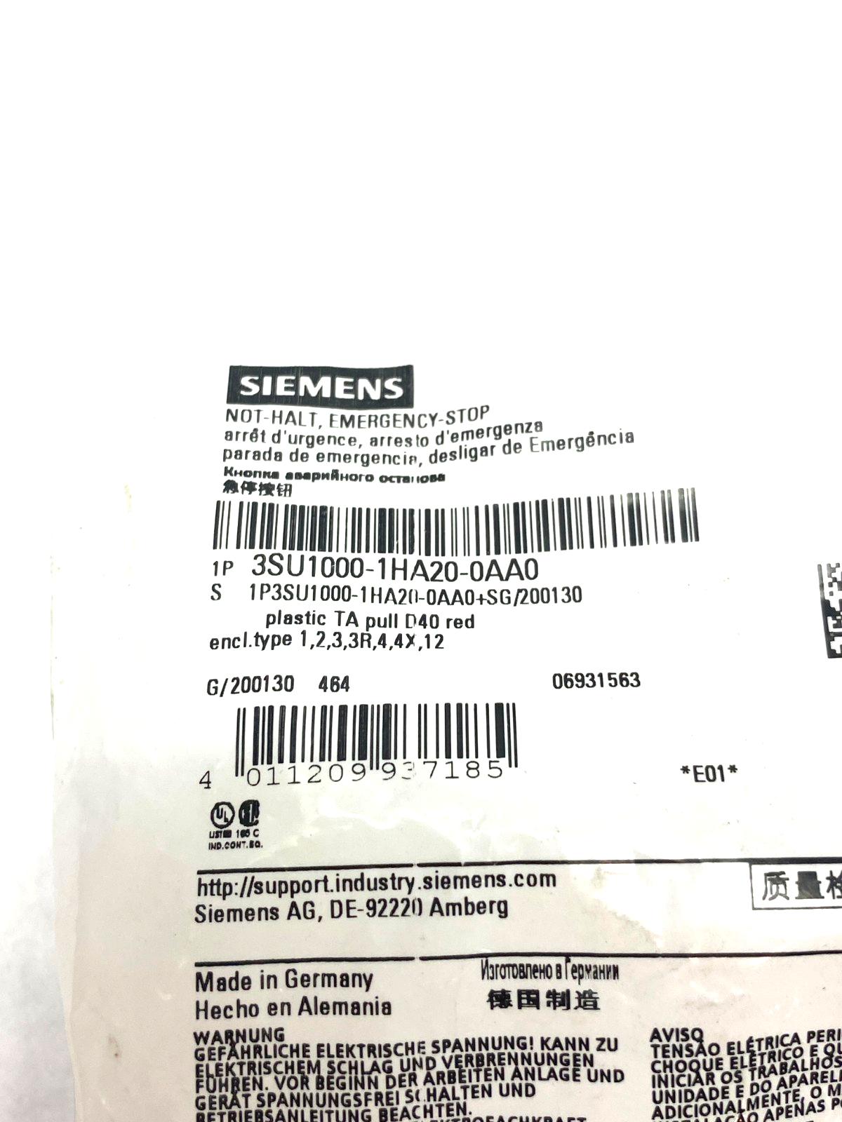 Siemens 3SU1000-1HA20-0AA0 Emergency Pushbutton Mushroom Head Red 22mm - Maverick Industrial Sales