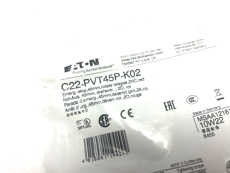 Eaton C22-PVT45P-K02 Emergency Stop Pushbutton 45mm Rotate Release Red - Maverick Industrial Sales