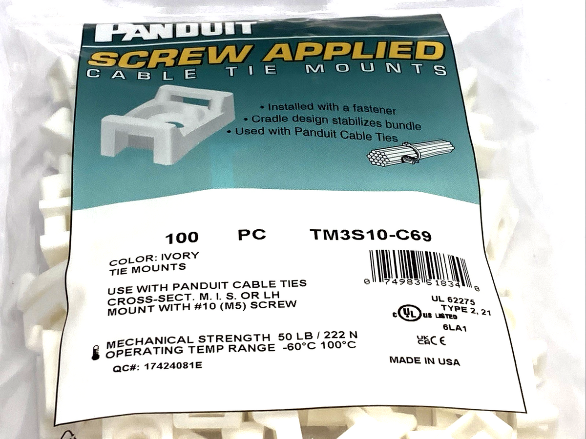 TM3S10-C69 | Panduit Cable Tie Mount, Ivory PA 0.88x0.63" 1/4" Screw 100-PACK - New - Maverick Industrial Sales