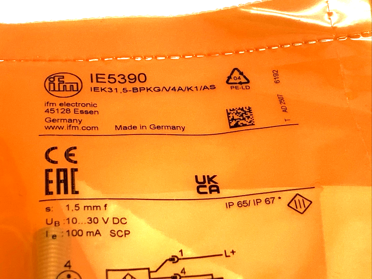 IE5390 | ifm Inductive Sensor M8 3-Pin IEK31,5-BPKG/V4A/K1/AS - New - Maverick Industrial Sales