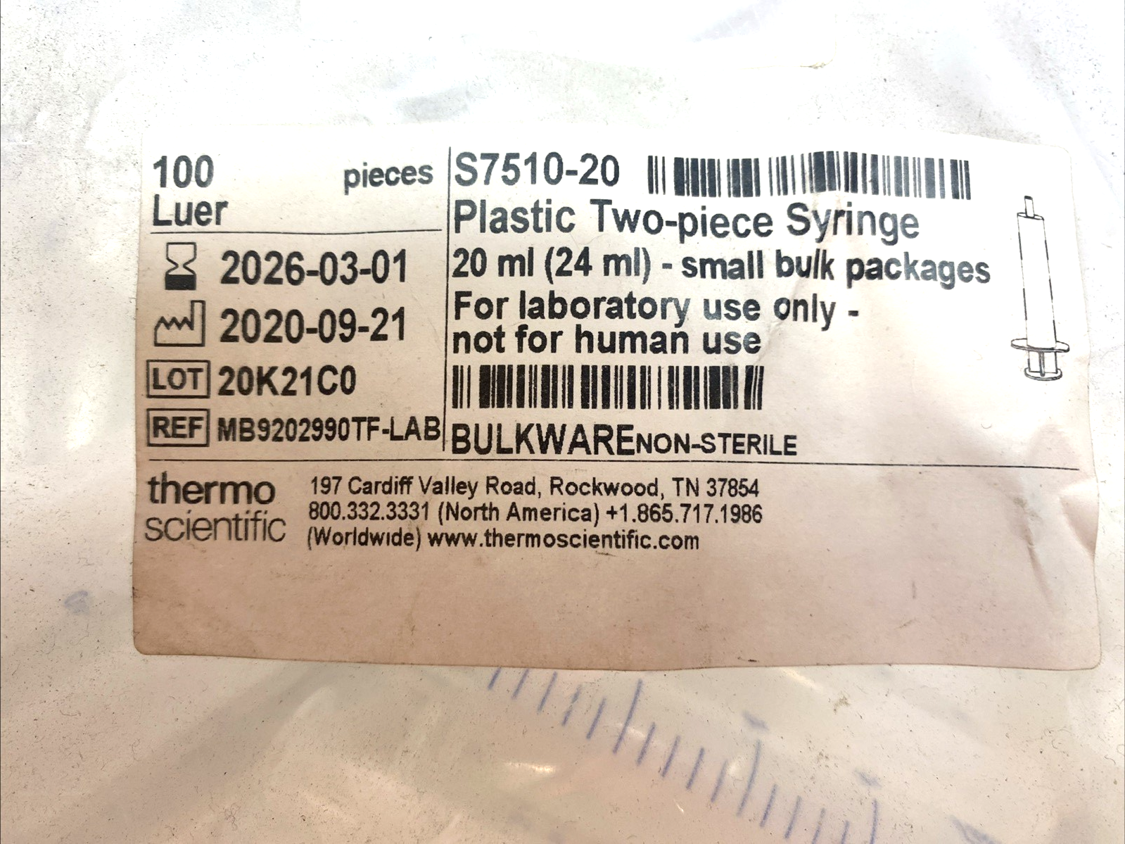 Fisher Scientific S7510‑20 Luer‑Slip Syringe 20mL LOT of 62 - Maverick Industrial Sales