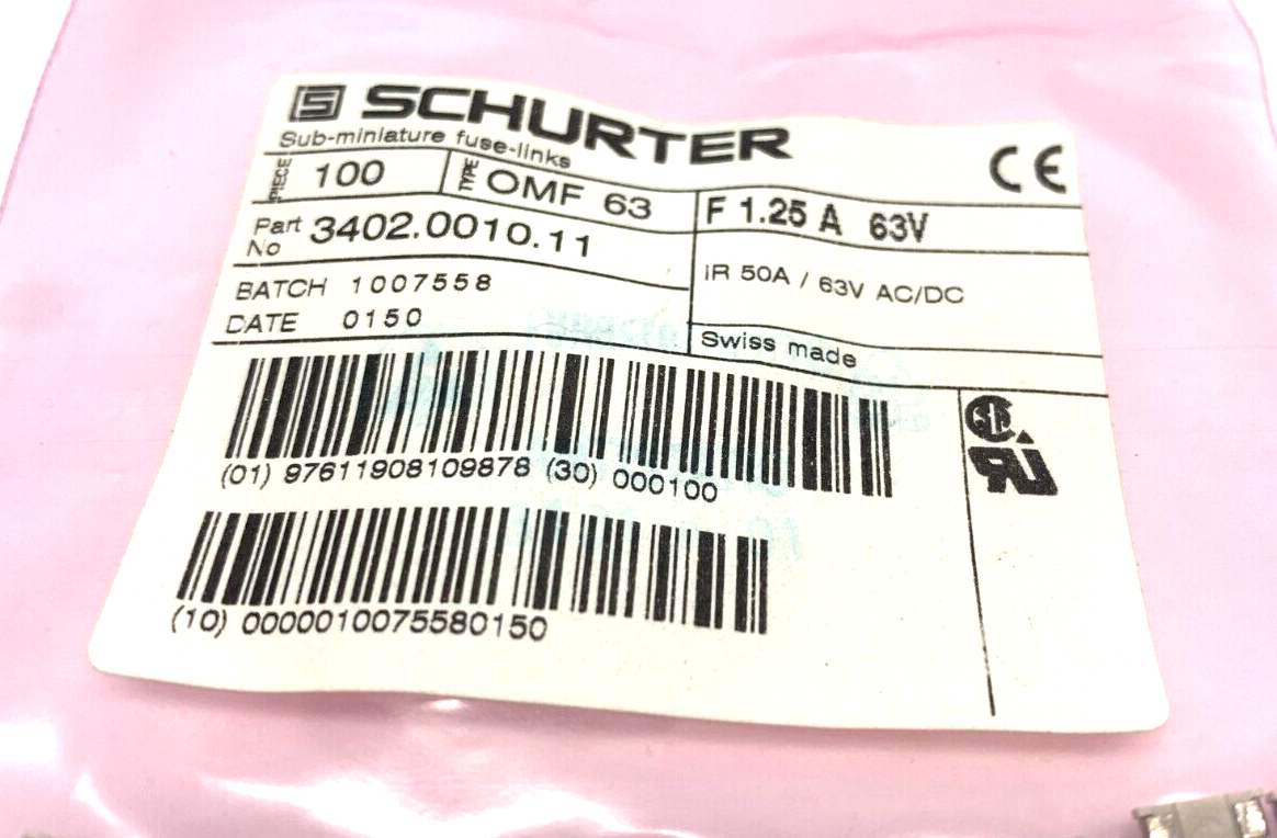 Schurter 3402.0010.11 Sub-Miniature Fuse Links PACK OF 100 - Maverick Industrial Sales