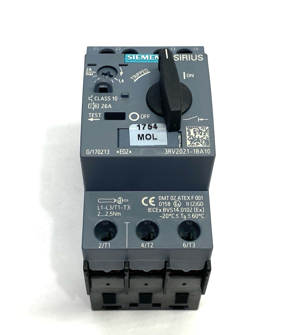 Siemens 3RV2021-1BA10 SIRIUS Motor Protection Circuit Breaker Size S00 - Maverick Industrial Sales