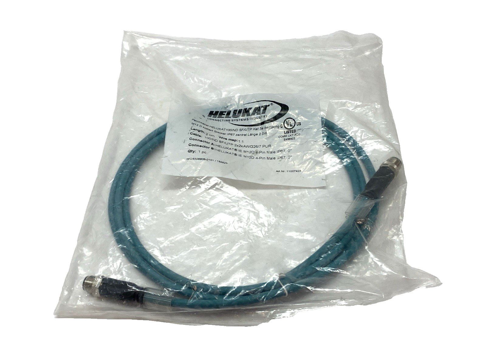 Hellukat 805702 Double-End Male M12 4-Pin Cordset 100IND SF/UTP 2x2xAWG 26/7 PUR - Maverick Industrial Sales
