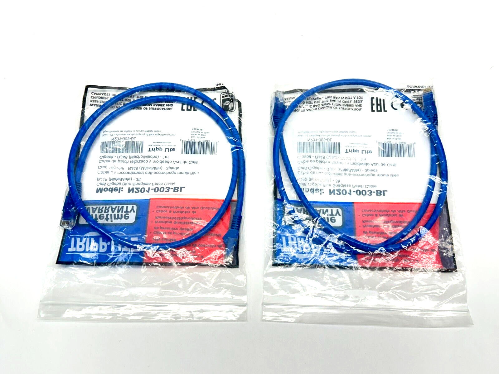 Tripp Lite N201-003-BL Cat6 Gigabit Blue Snagless Patch Cable 3ft LOT OF 2 - Maverick Industrial Sales