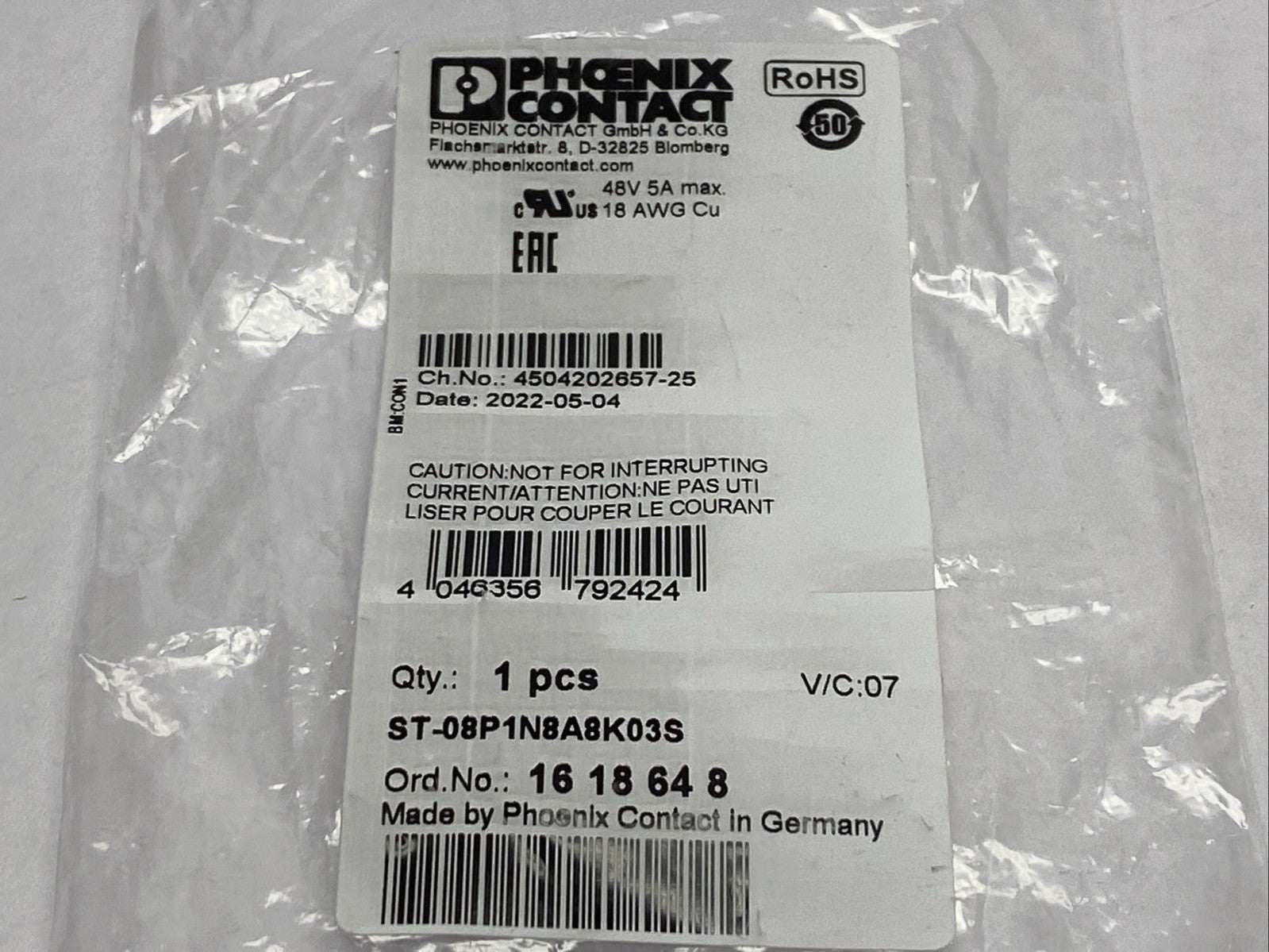 Phoenix Contact ST-08P1N8A8K03S Cable Connector 1618648 - Maverick Industrial Sales