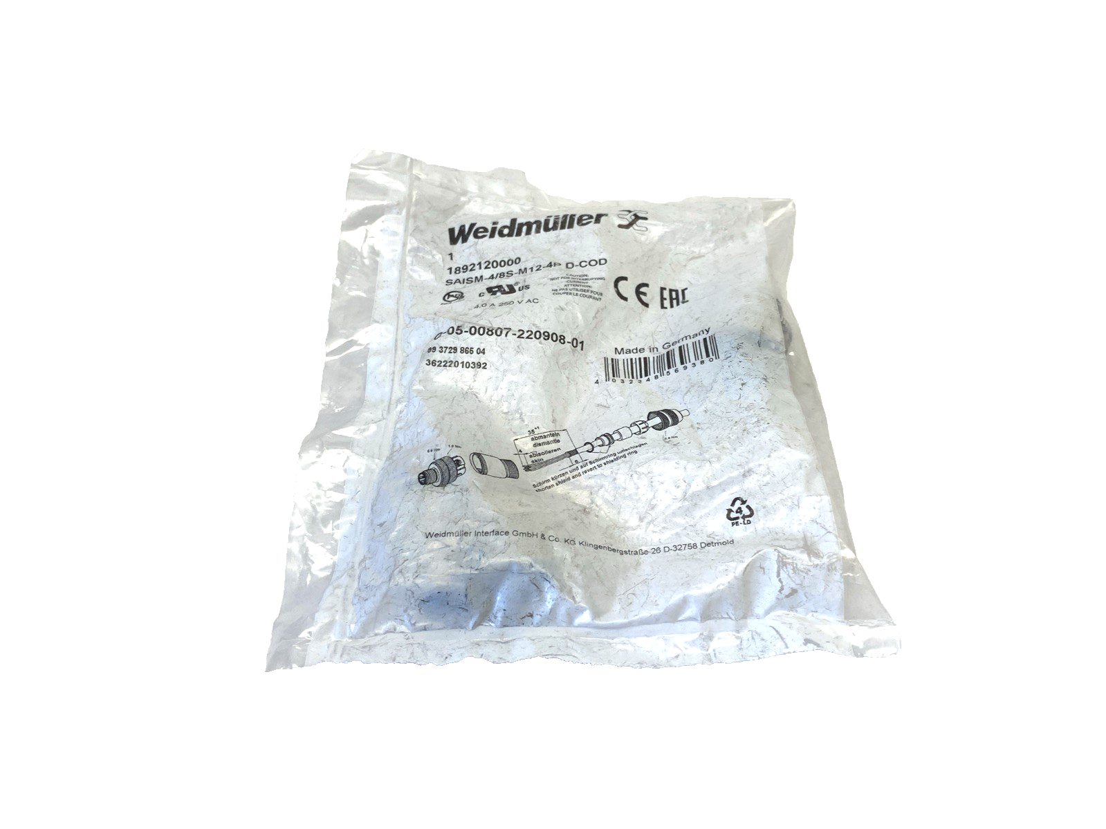 Weidmuller 1892120000 Field Wireable Connector M12 4-Pin SAISM-4/8S-M12-4P D-COD - Maverick Industrial Sales