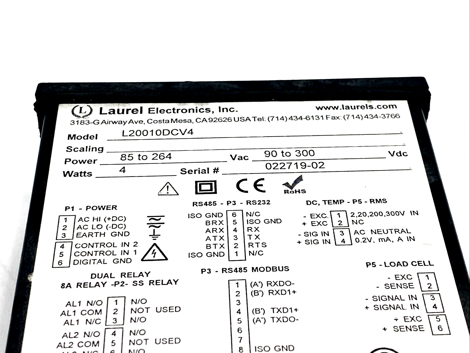 L20010DCV4 | Laurel DC Voltage Current Panel Meter 85–264VAC 4W - Used - Maverick Industrial Sales