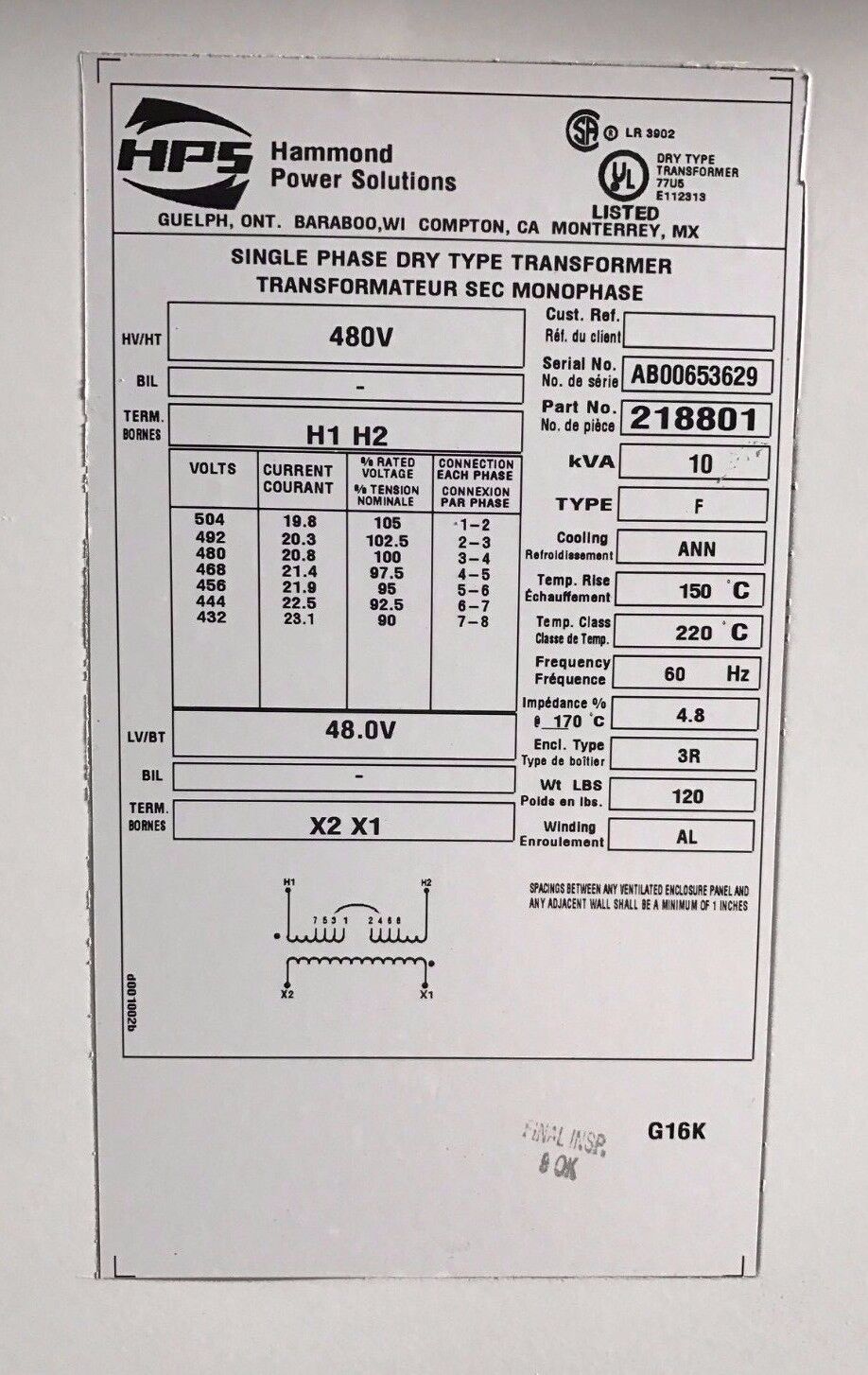 Hammond Power Solutions 218801 Single Phase Dry Type Transformer 10 kVA 480V - Maverick Industrial Sales