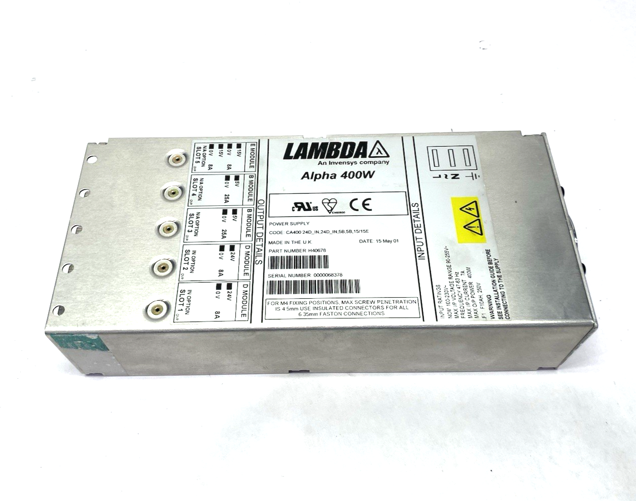 TDK Lambda H40678 Alpha 400W Power Supply CA400 24D_IN,24D_IN,5B,5B,15/15E - Maverick Industrial Sales