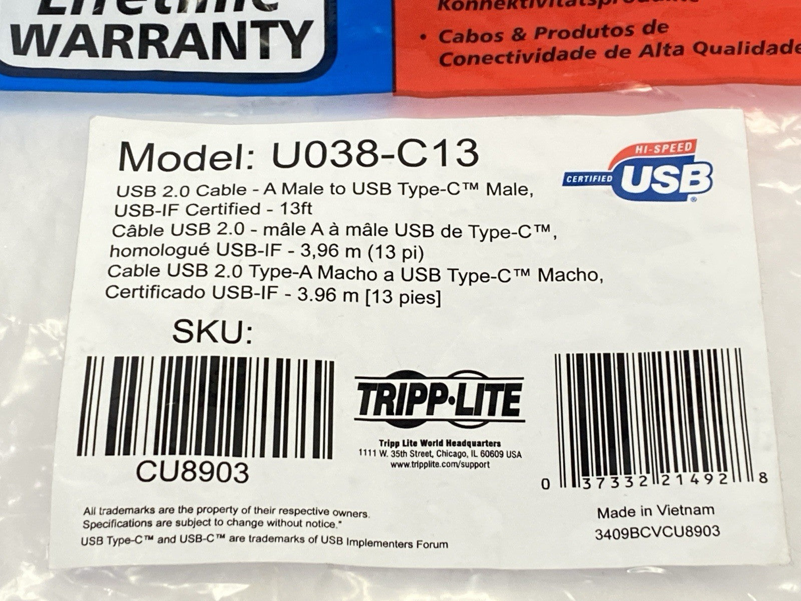 U038-C13 | Tripp Lite USB Type A Male to USB Type C Male 13ft USB-IF Certified - New - Maverick Industrial Sales