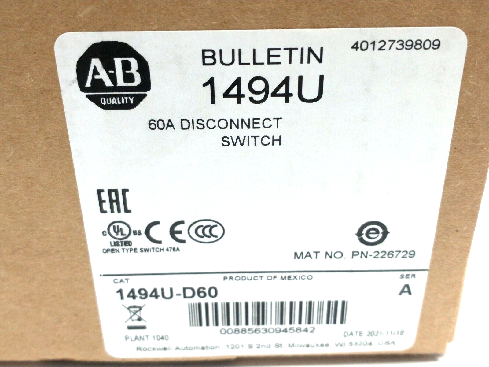 Allen Bradley 1494U-D60 Ser. A Visible Blade Universal Disconnect Mechanism 60A - Maverick Industrial Sales
