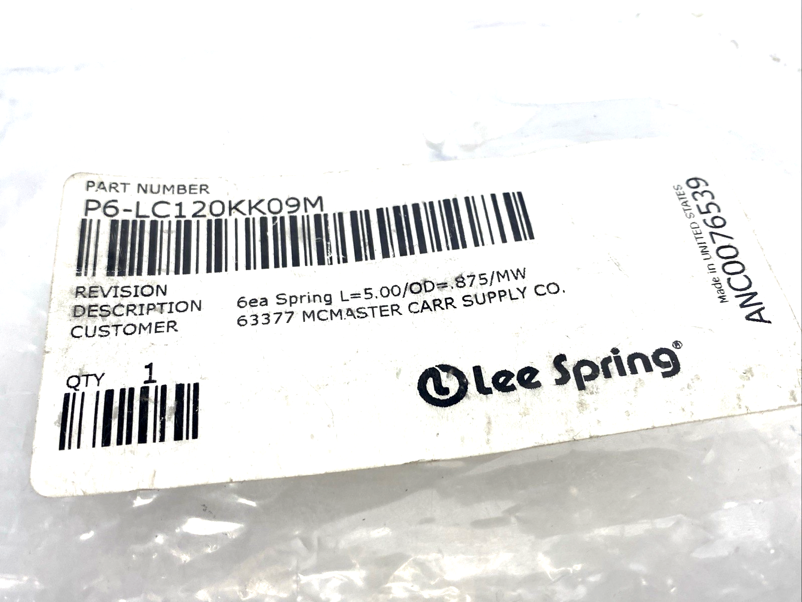 Lee Spring P6-LC120KK09M Compression Spring 5" Length x 0.875" O.D. 6-PACK - Maverick Industrial Sales