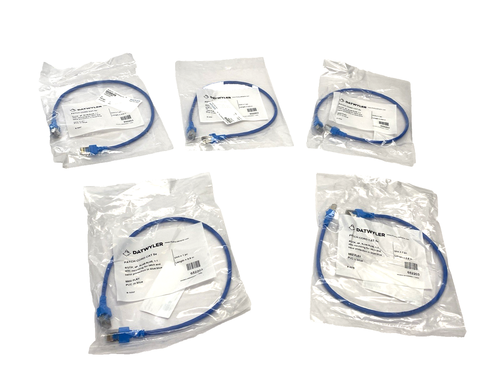 652203 | Datwyler CAT 5e Ethernet Patch Cable, PVC 0.5m RJ45 5502 FLEX LOT OF 5 - New - Maverick Industrial Sales