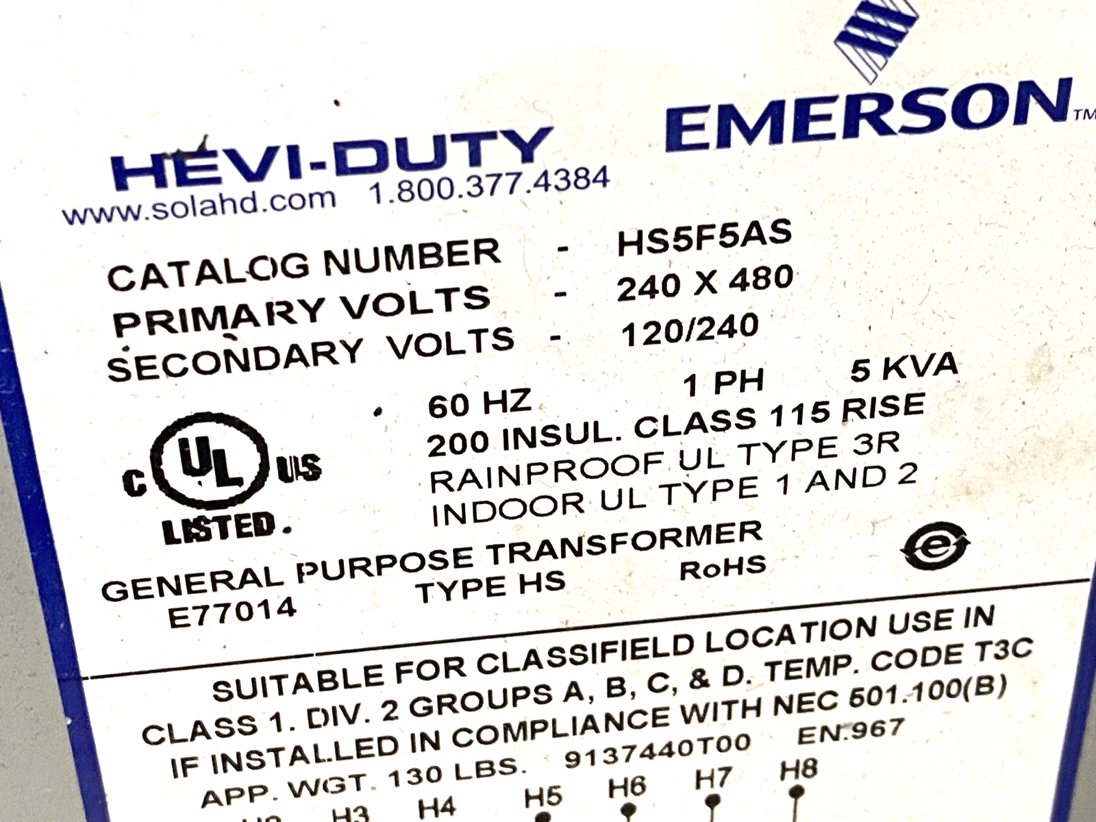 Emerson Sola Hevi-Duty HS5F5AS Automation Transformer 5KVA 240X480-120/240 1PH - Maverick Industrial Sales