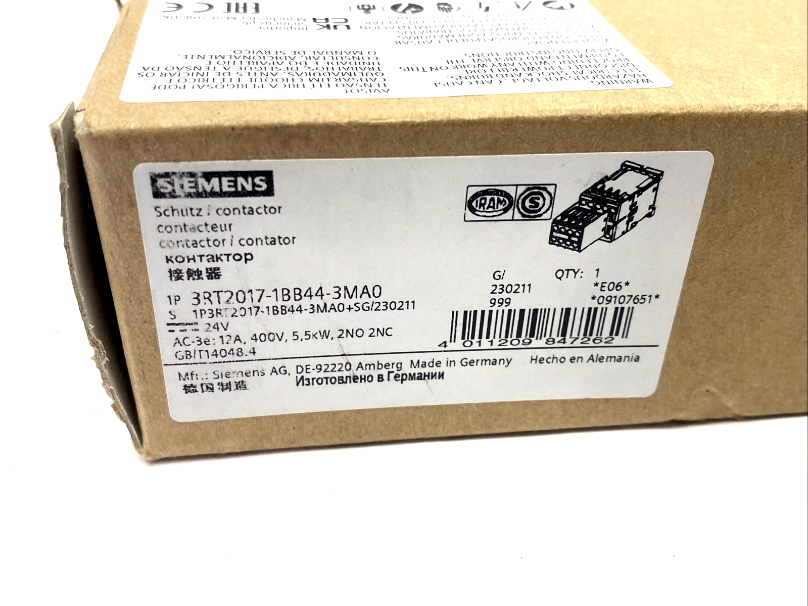 3RT2017-1BB44-3MA0 | Siemens Contactor 3-Pole 12A 5.5kW, 24V DC Coil 2NO 2NC - New - Maverick Industrial Sales