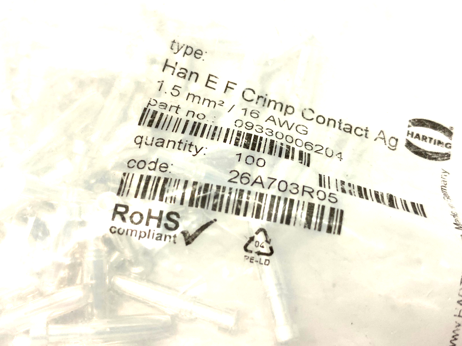 Harting 09330006204 Female Han E F Crimp Contact Ag 1.5 mm²/ 16 AWG PKG OF 100 - Maverick Industrial Sales