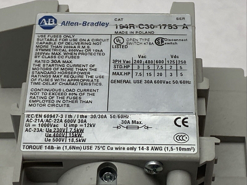 Allen Bradley 194R-C30-1753 Ser A 194R Series Disconnect Switch 20HP 30A 600V - Maverick Industrial Sales