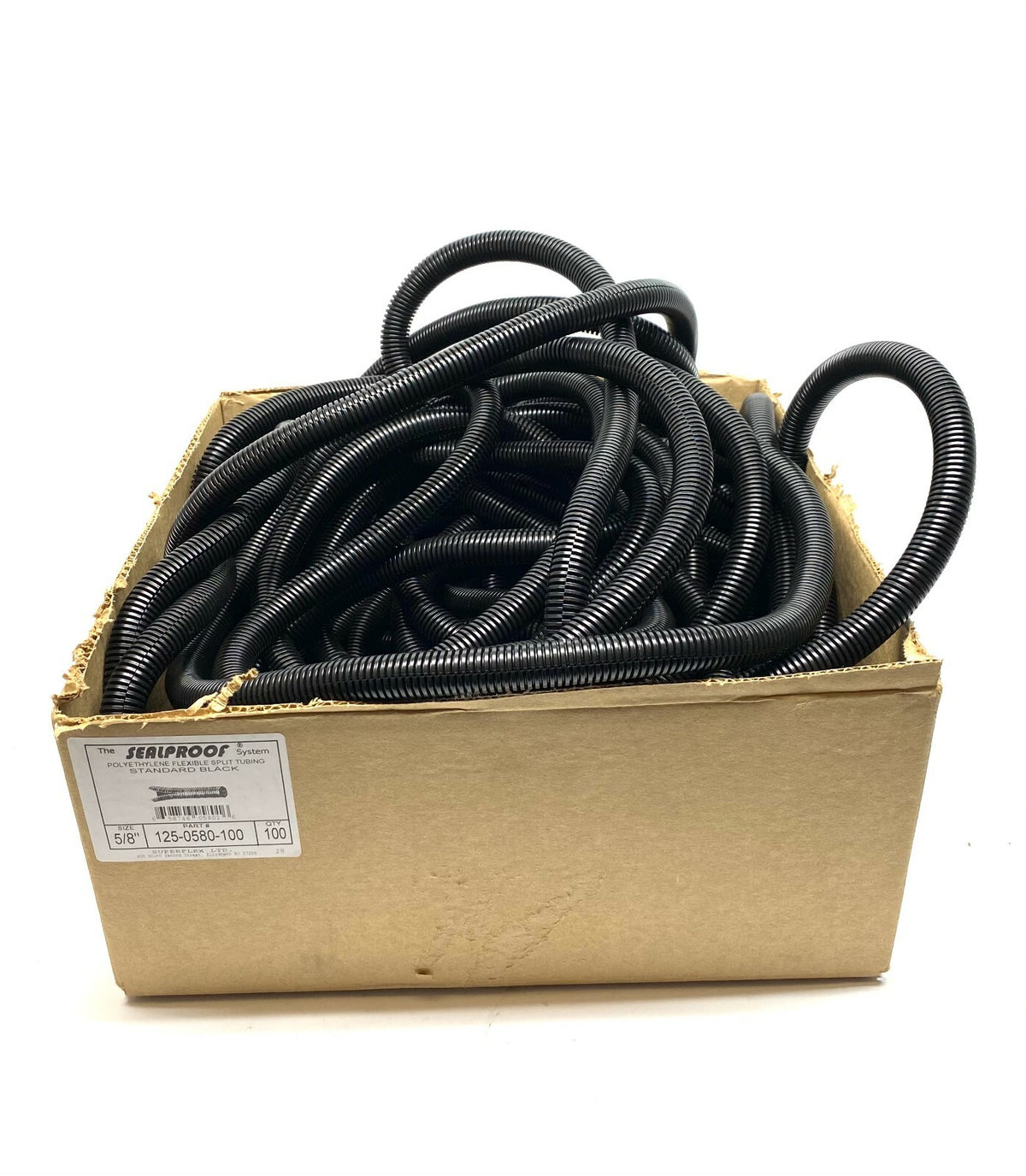 125-0580-100 | SuperFlex Polyethylene Split Tubing Black 100' Length 5/8" Diameter - New – Open box - Maverick Industrial Sales