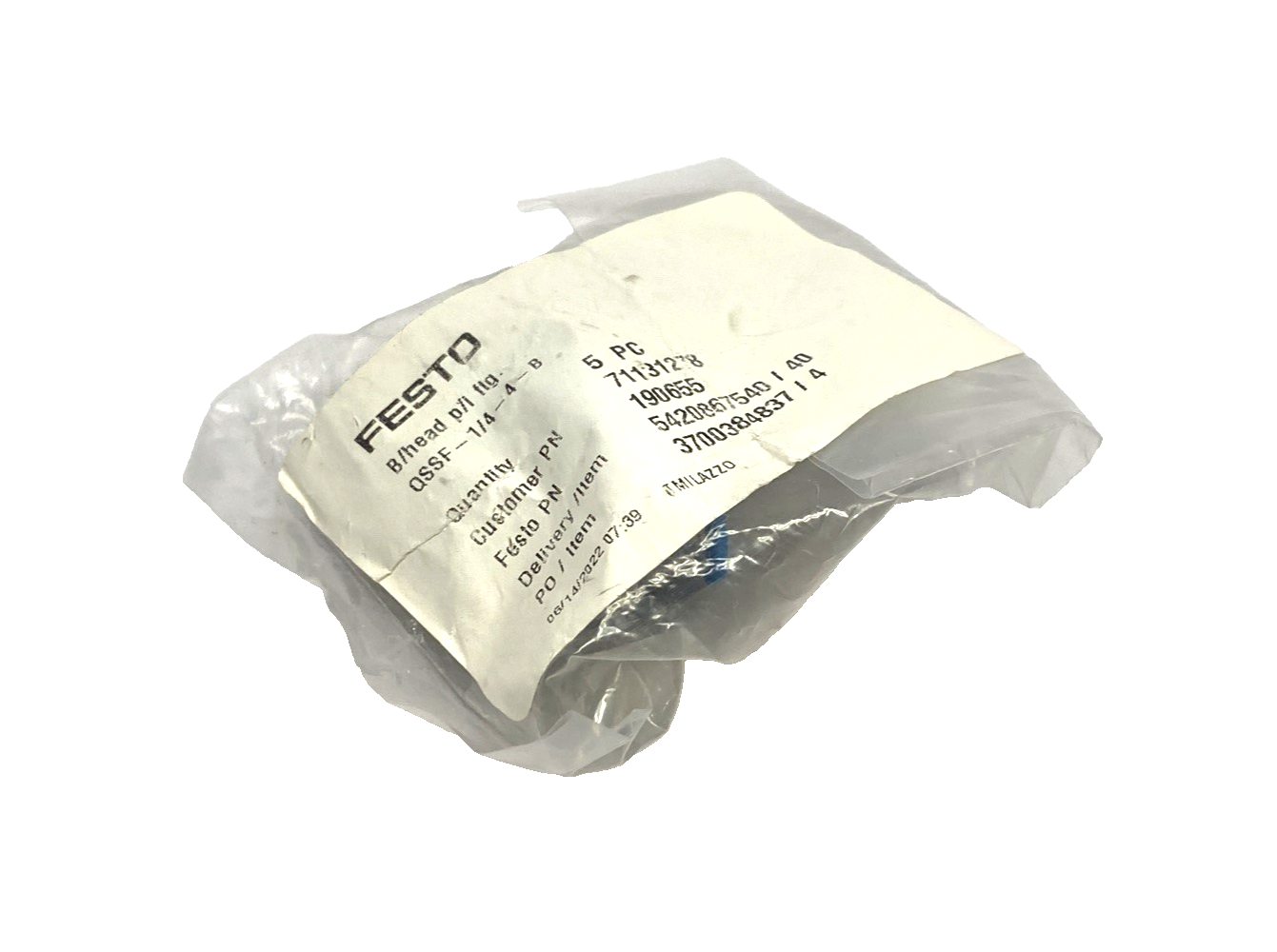 Festo QSSF-1/4-4-B Bulkhead Push-In Fitting 4mm Tube O.D. x G 1/4" 190655 5-PACK - Maverick Industrial Sales
