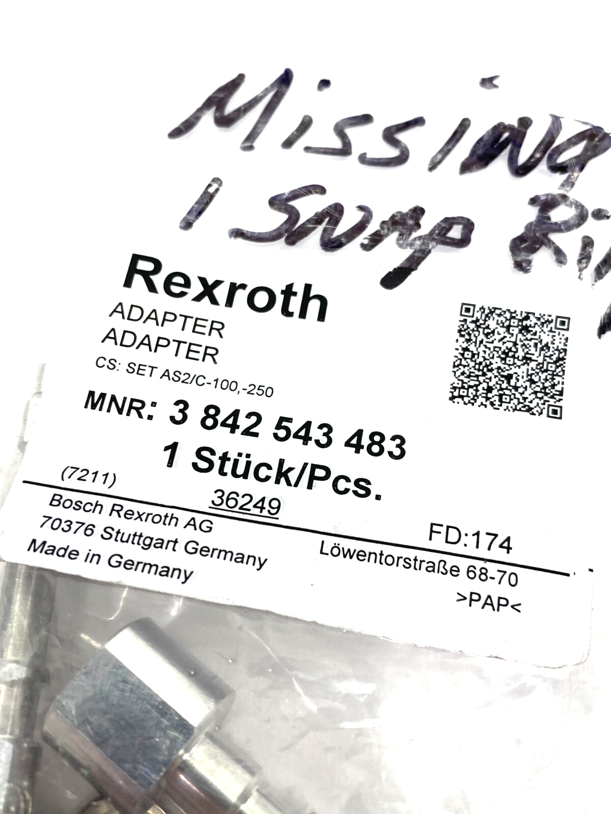 Bosch Rexroth 3842543483 Adapter Set CS: SET AS2/C-100,-250 MISSING SNAP RING - Maverick Industrial Sales