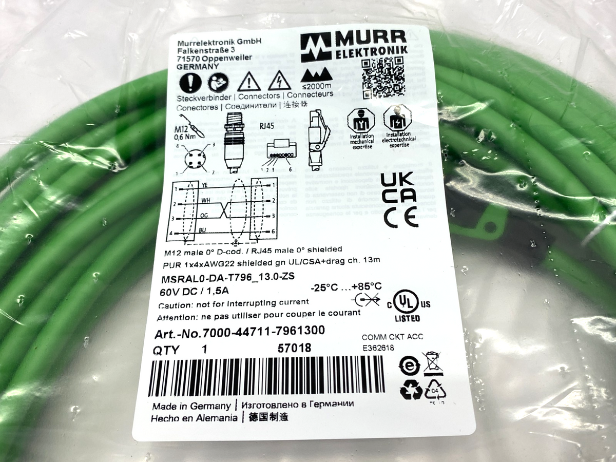Murrelektronik 7000-44711-7961300 Double End Connector Cable M12 RJ45 4-Pole 13m - Maverick Industrial Sales