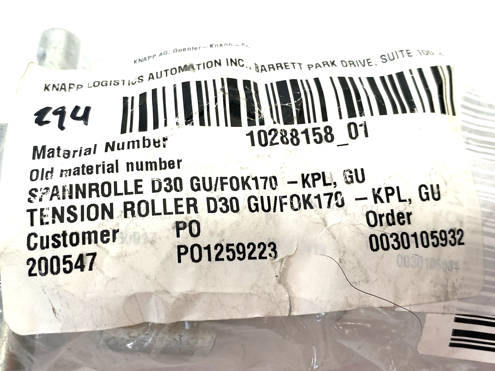 Knapp 10288158 Tensioner Pulley Spannrolle D30 GU/FOK170-KPL, GU - Maverick Industrial Sales