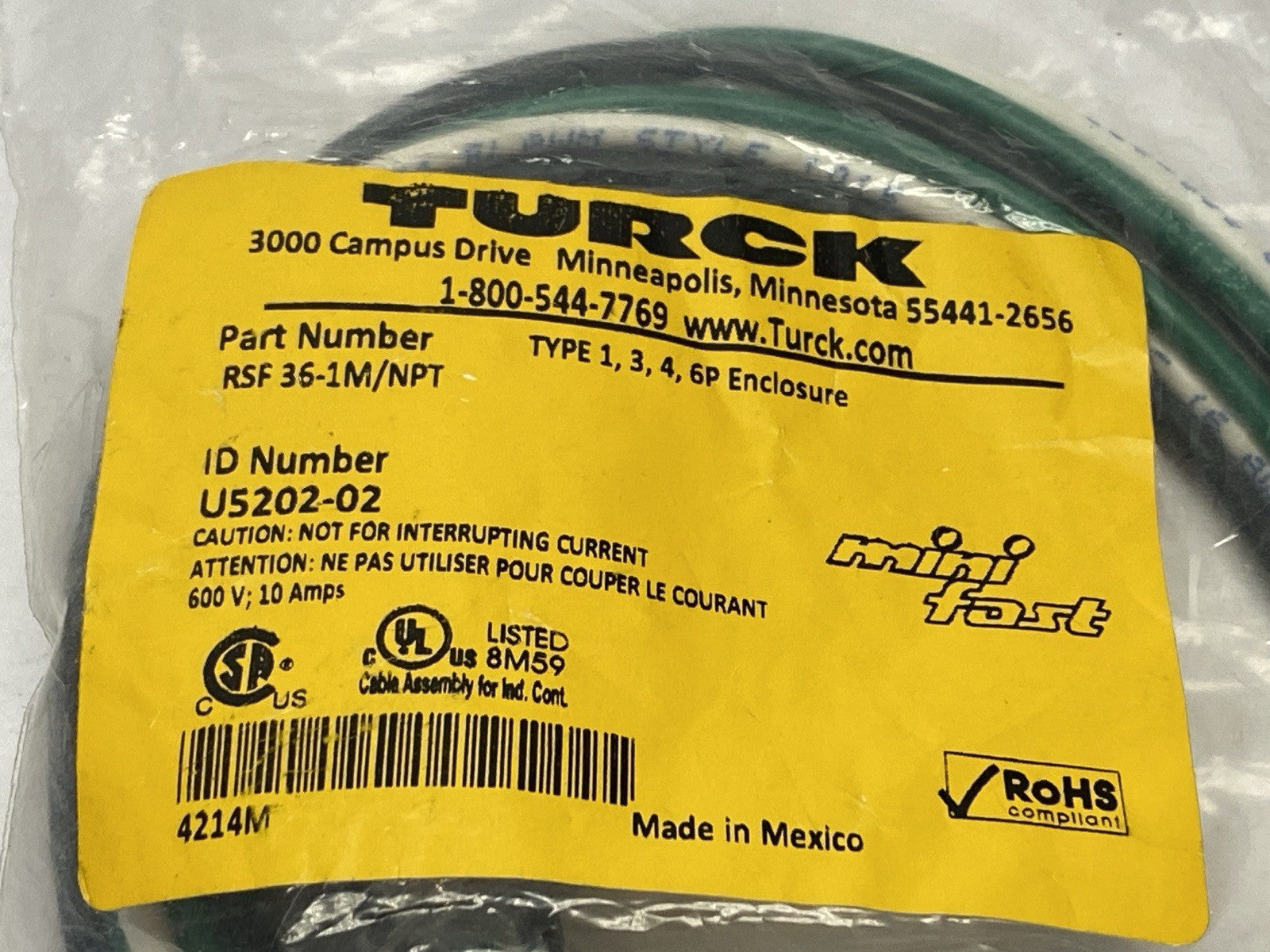 RSF 36-1M/NPT | Turck Actuator Sensor Receptacle 7/8" Male 3-Pin 1m U5202-02 - New - Maverick Industrial Sales