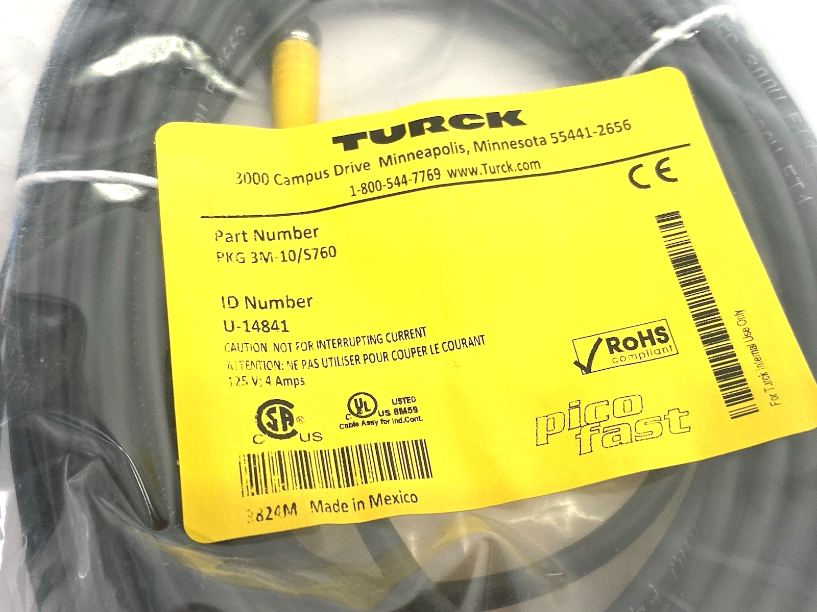 PKG 3M-10/S760 | Turck picofast Connection Cable Single Ended M8 3-Pin U-14841 - New - Maverick Industrial Sales