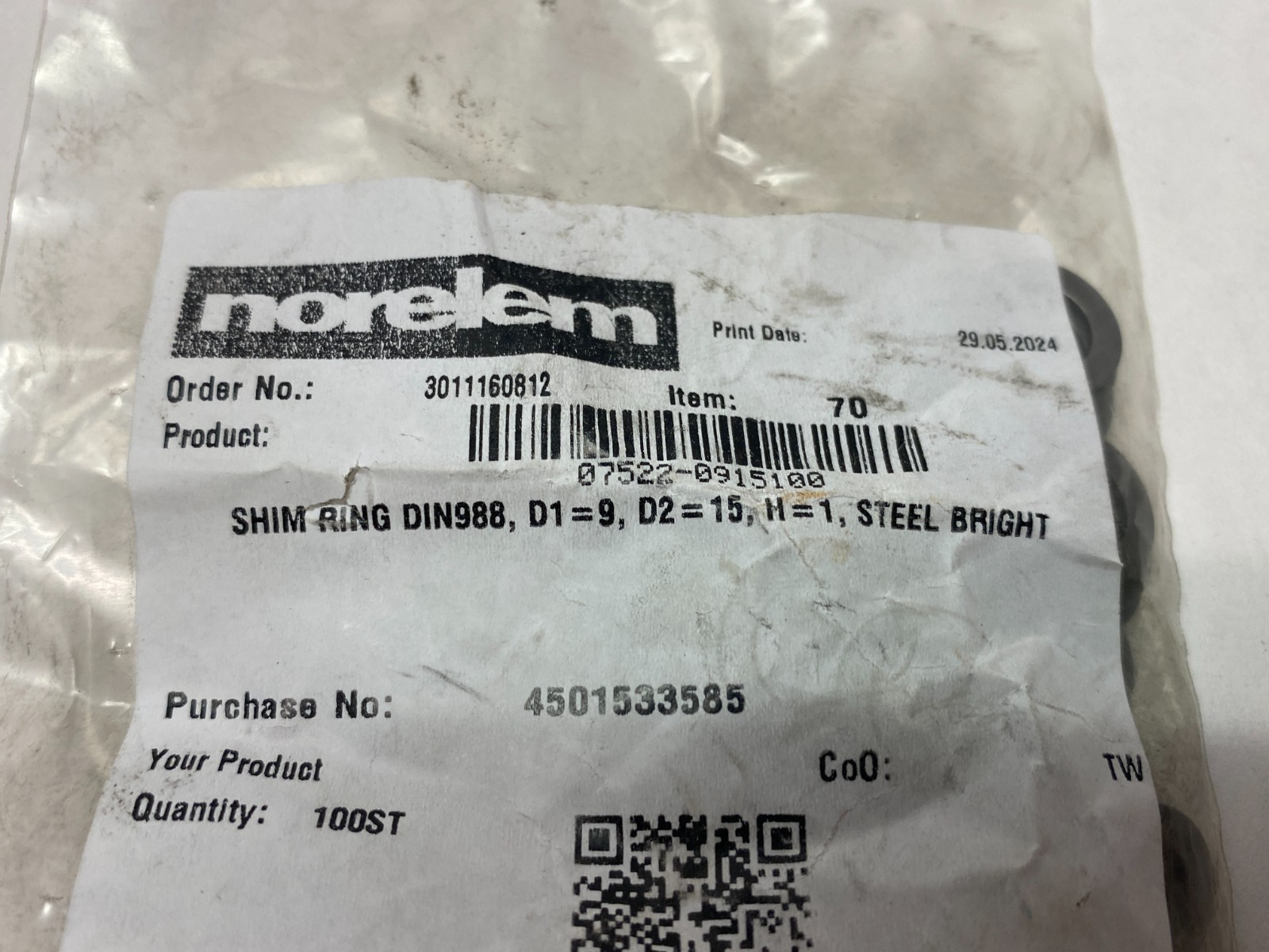 07522-0915100 | Norelem Shim Ring DIN988, D1=9, D2=15, PKG OF 100 - New - Maverick Industrial Sales