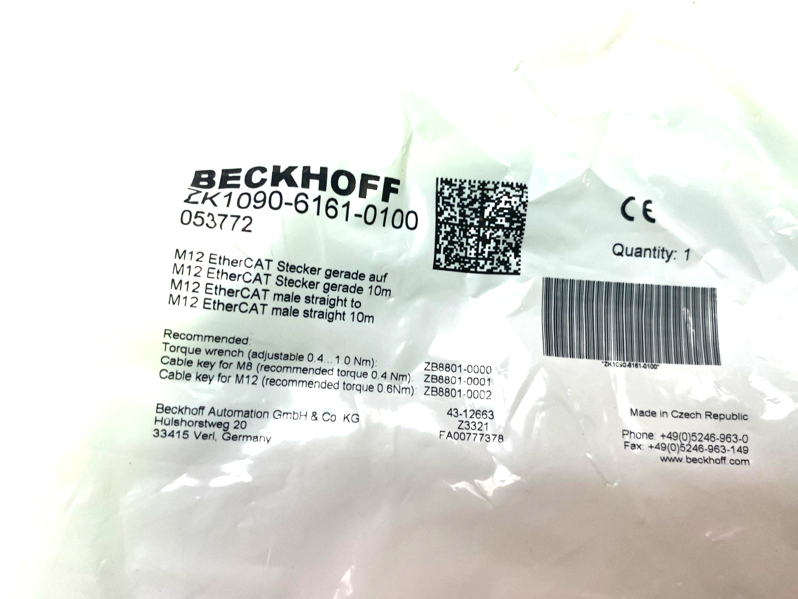 Beckhoff ZK1090-6161-0100 Double Ended EtherCAT Power Cable M12 4-Pin 10m 053772 - Maverick Industrial Sales
